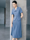 Dusty Blue Solid Permanent Pleat Midi A-Line Skirt