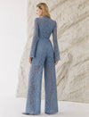 Dusty Blue Floral Lace High Neck Long Sleeve Top