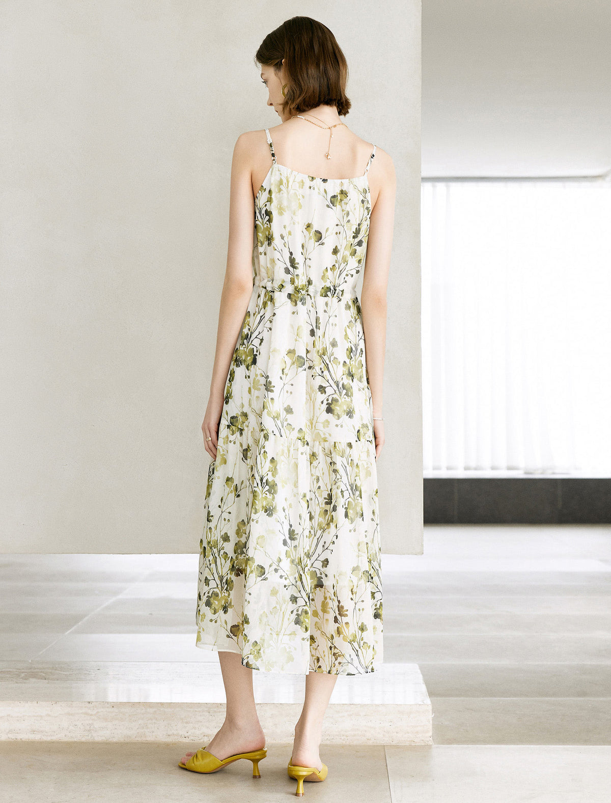 Green Floral Print Ruffled Sleeveless Midi Dress