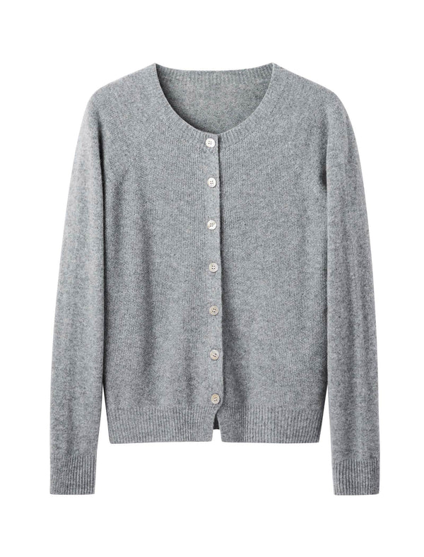 100% Wool Gray Round Neck Knit Cardigan