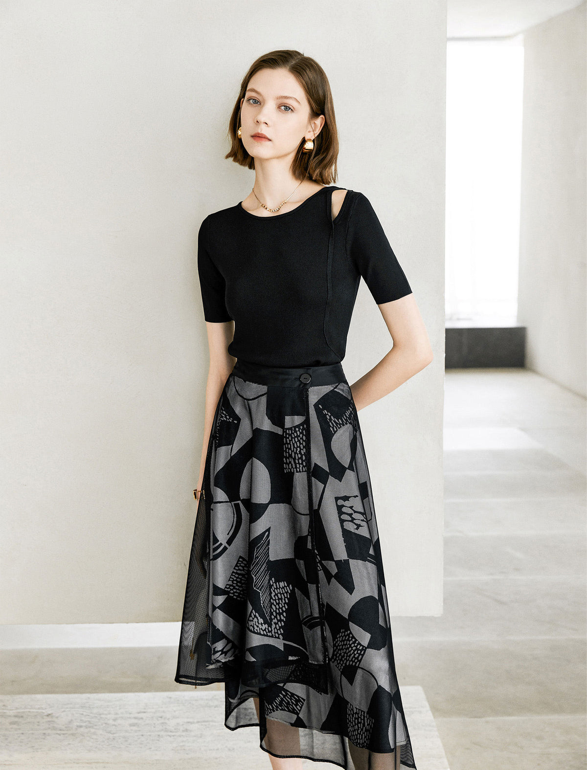 Reversible Geometric Print Mesh Detail Midi Skirt