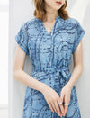 Blue Abstract Print Belted Midi Shirt Dress