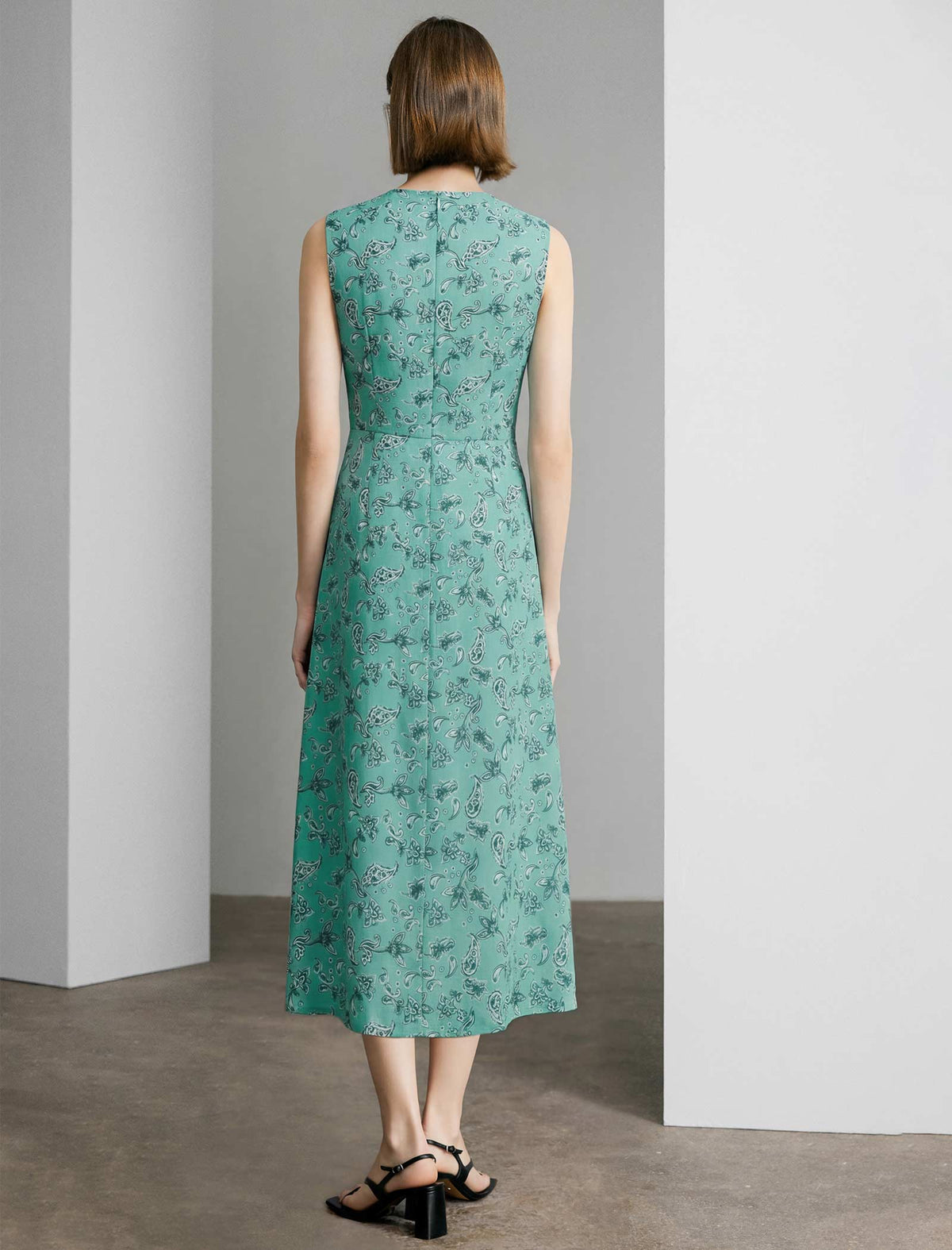 Teal Paisley Print Sleeveless Midi Dress