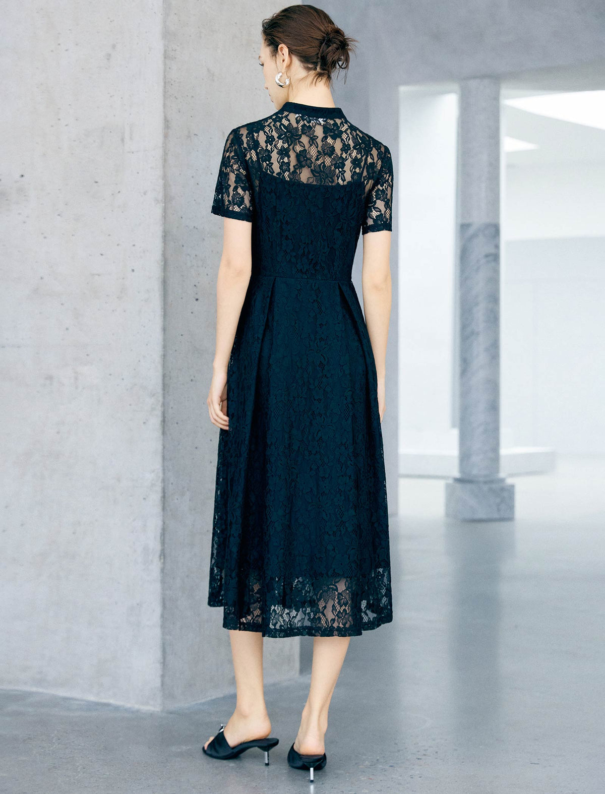 Navy Stand Collar Button Front Lace Midi Dress