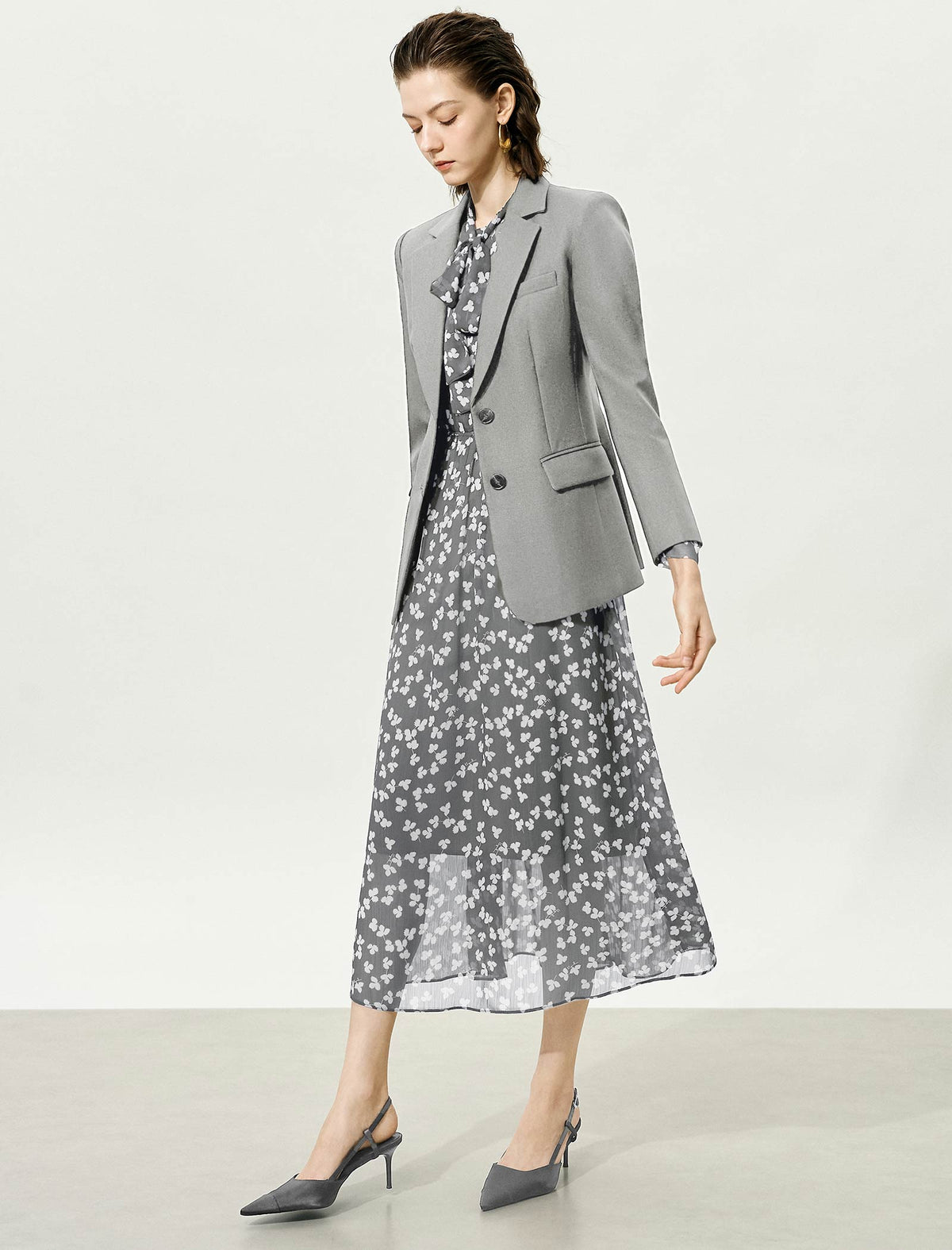 Grey Sheer Tie-Neck Floral Midi Dress