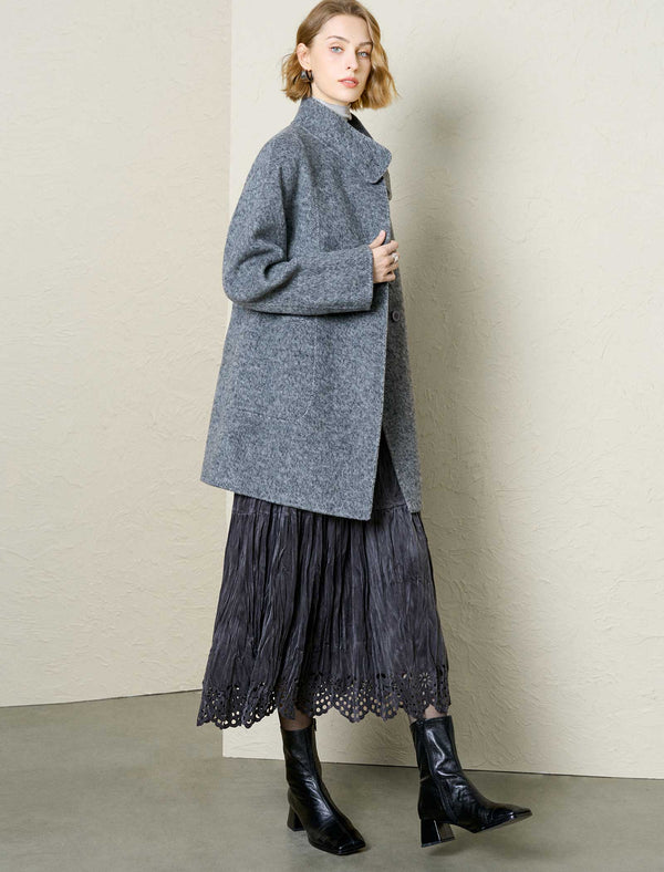 Wool-Alpaca Blend Stand Collar Textured Coat