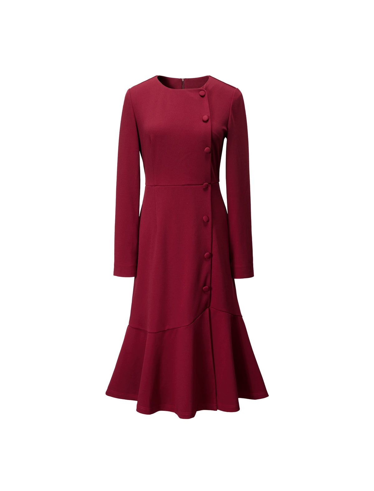 Red Long-Sleeve Button-Detail Flounce-Hem Midi Dress