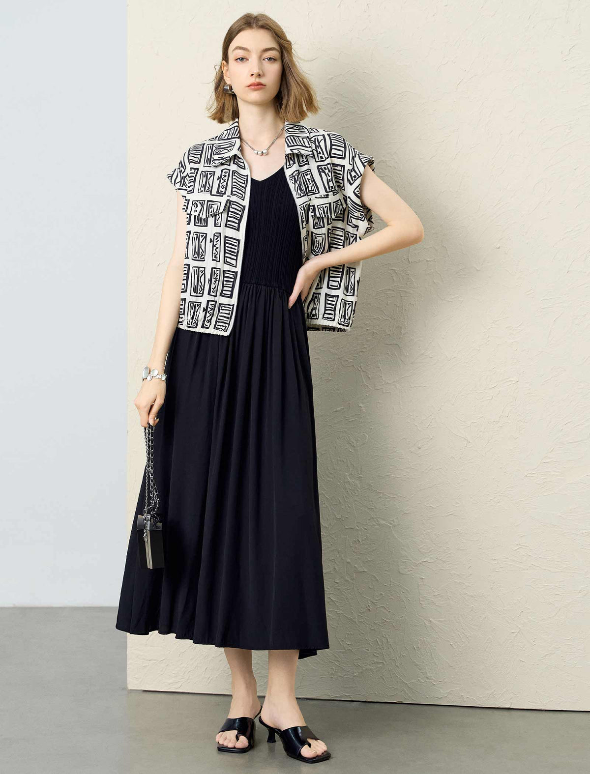 Graphic Print Tencel Linen Blend Zip Up Top