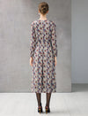 Paisley Print Stand-Collar Ruched-Waist Long Sleeve Midi Dress