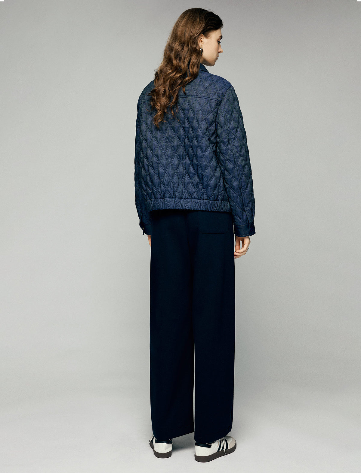 Contrast-Trim Collared Zip-Front Quilted Cropped Jacket