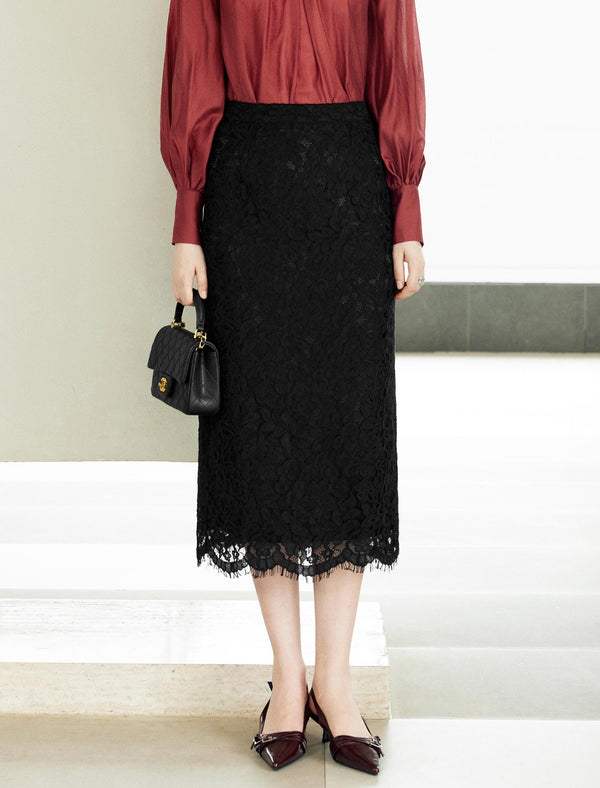 Lace Back Slit Midi Skirt