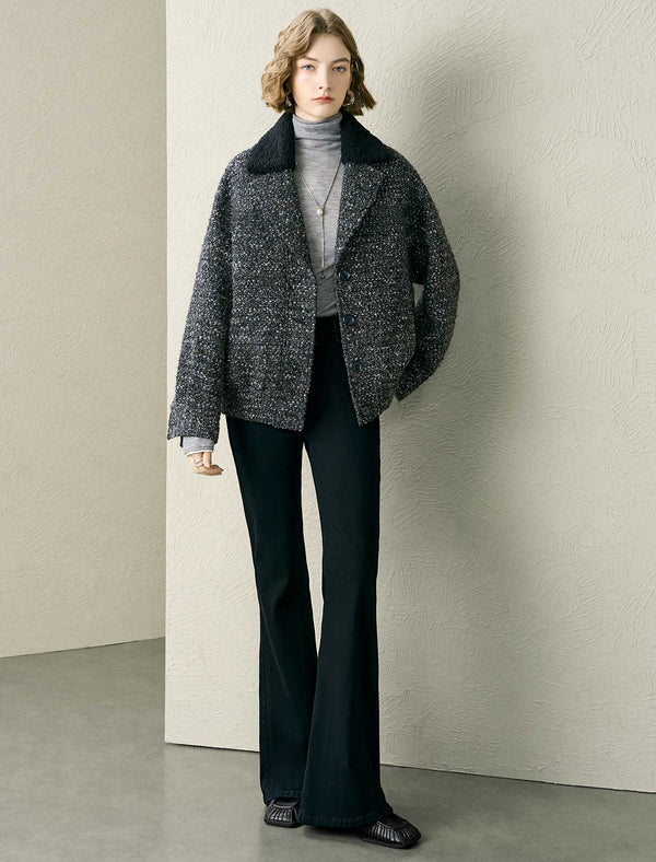 Tweed Wool-Blend Fleece Collar Jacket