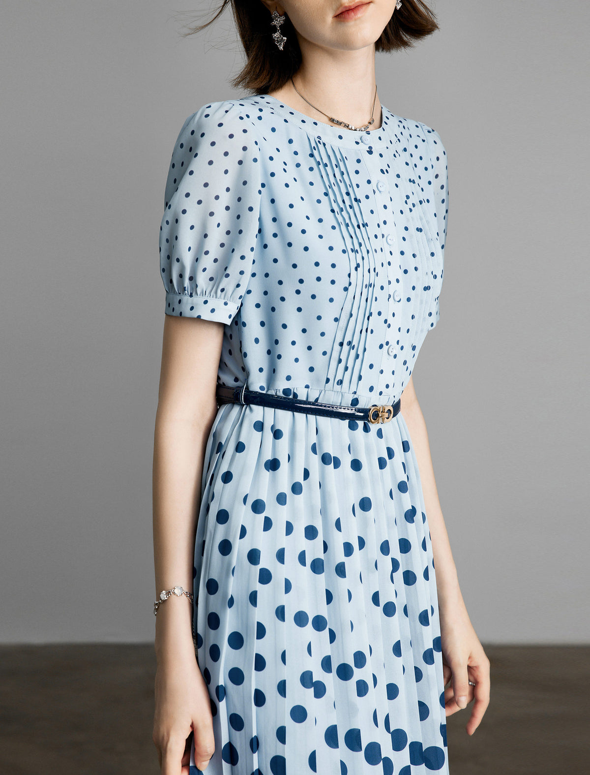 Light Blue Polka Dot Pleated Midi Dress