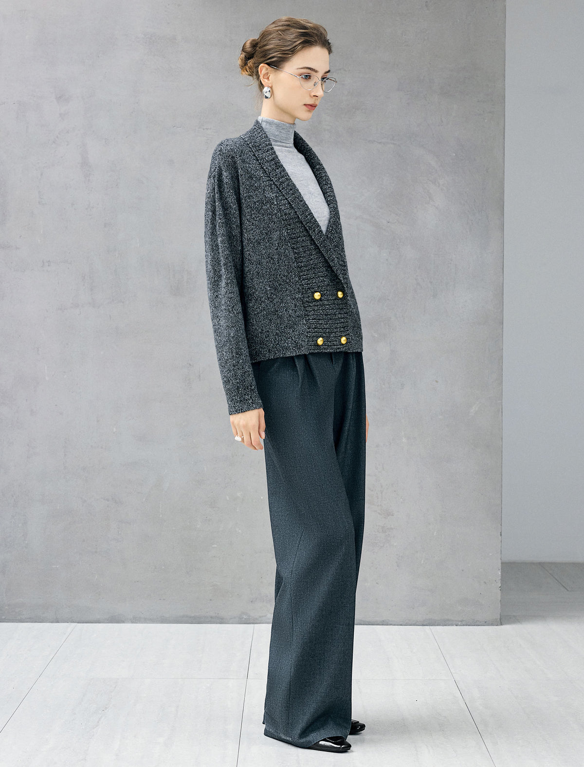 Wool Blend Shawl-Collar Double-Breasted Cropped Cardigan