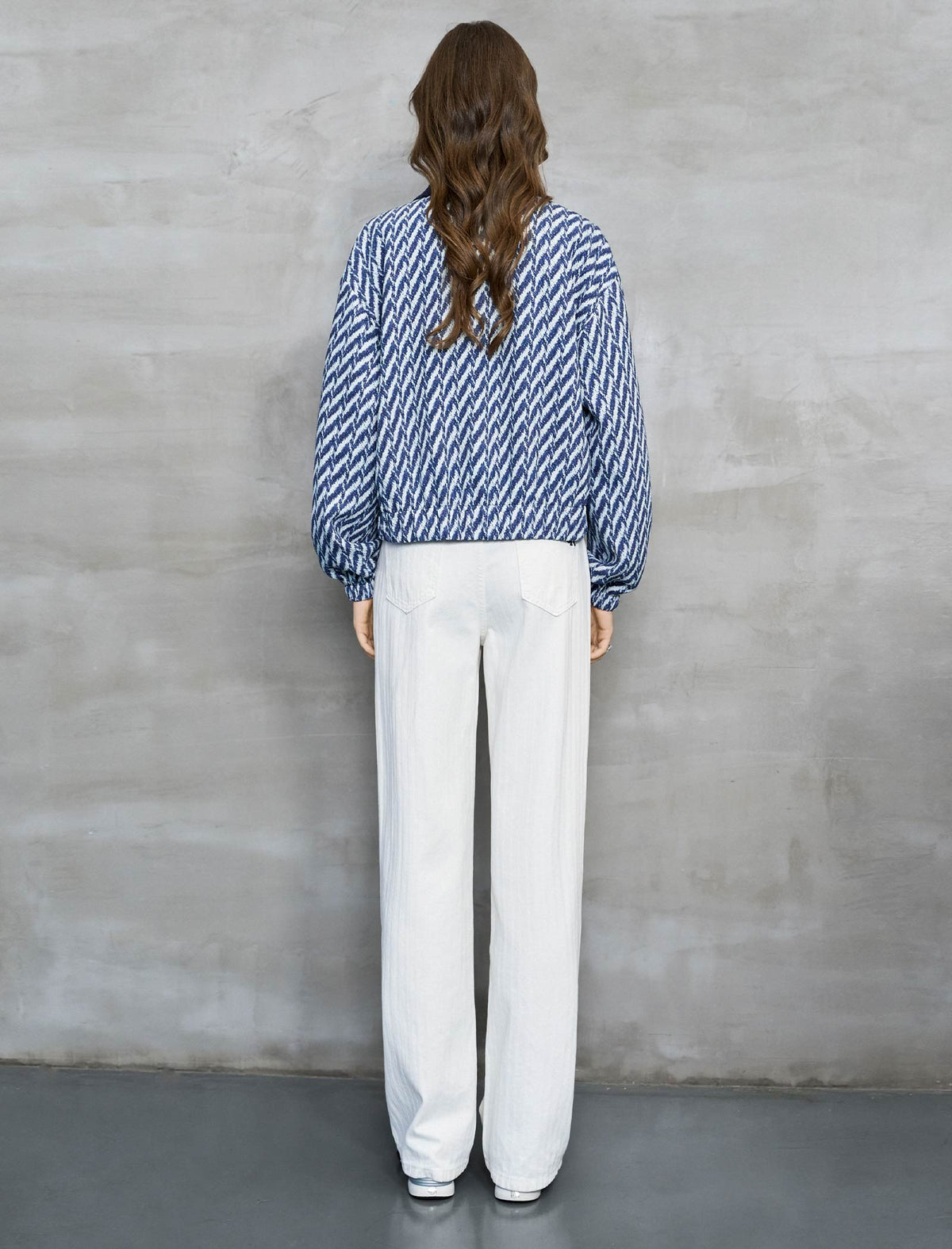 Navy And White Diagonal Jacquard Cropped Jacket
