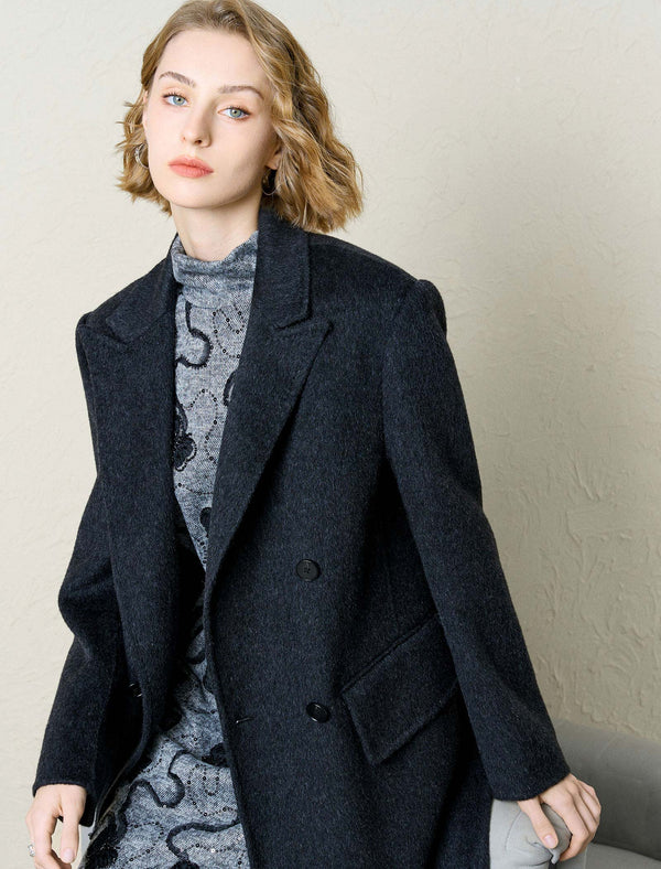 Dark Gray 100% Wool Double-Breasted Coat