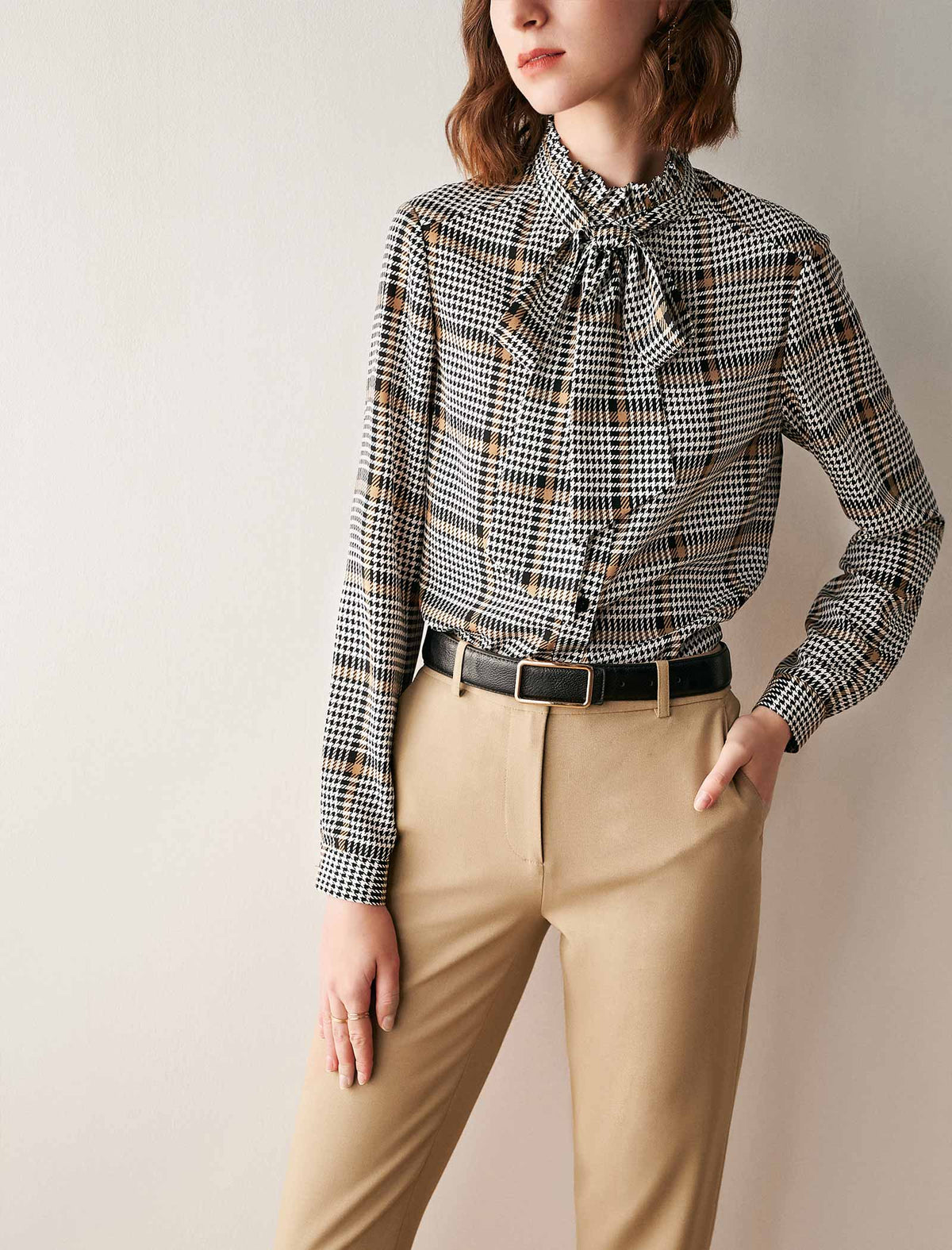 Plaid Tie Neck Blouse