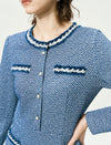 Textured Tweed Long-Sleeve A-Line Dress with Pearl Buttons