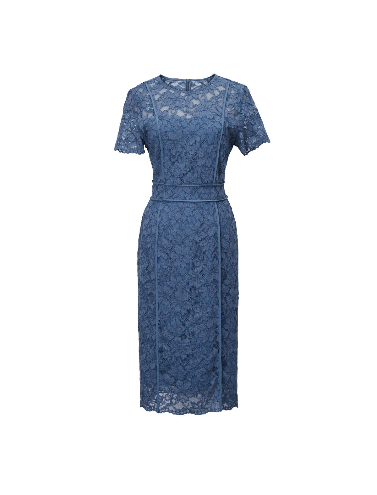 Dusty Blue Floral Lace Sheath Midi Dress