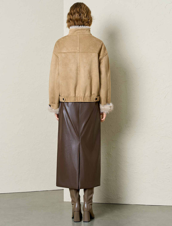 Faux Suede Fur Trim Cropped Jacket