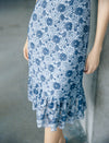 Blue Floral Lace Ruffle Hem Short Sleeve Midi Dress