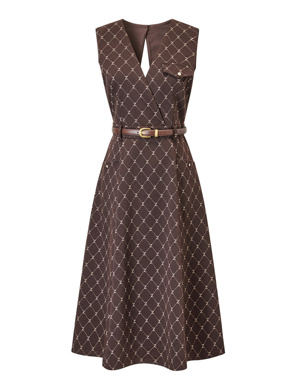 Brown Plaid V-Neck Belted Sleeveless Midi Dress