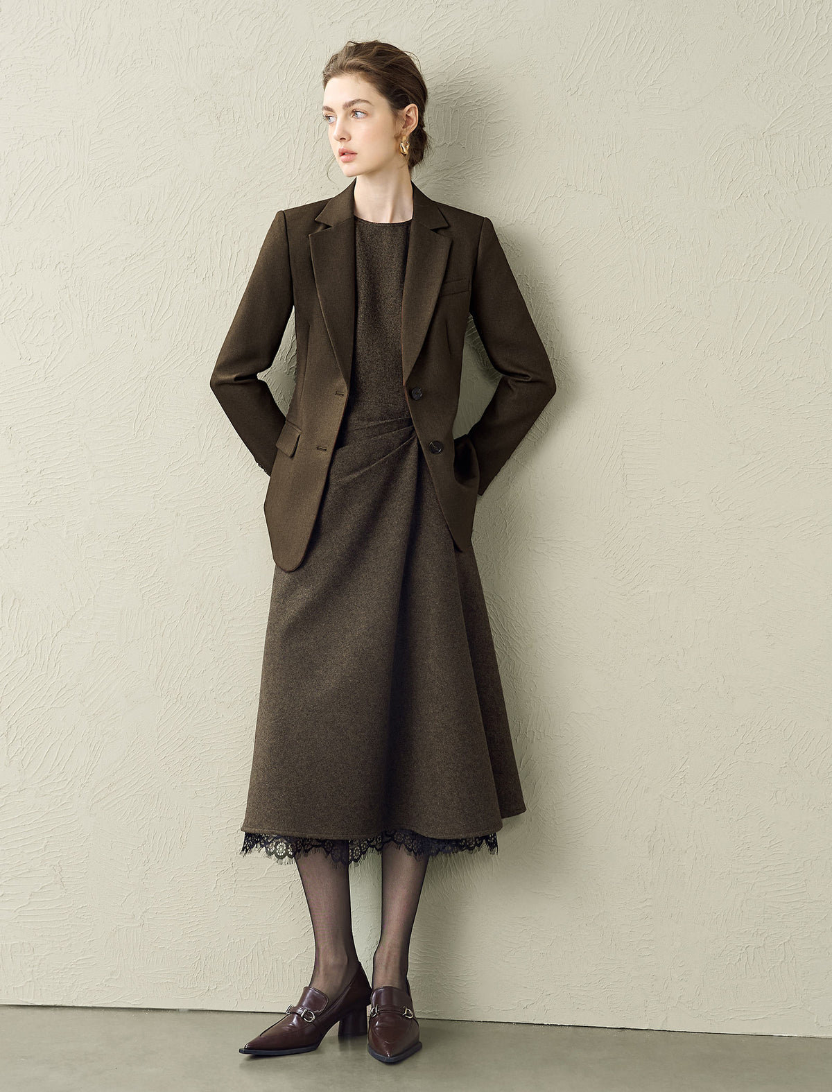 Wool Blend Lace Hem Sleeveless Midi Dress