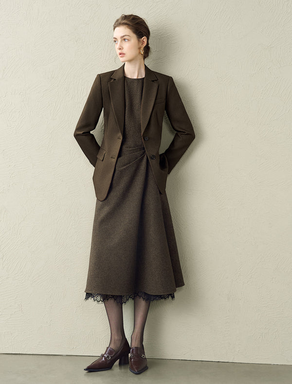 Wool Blend Lace Hem Sleeveless Midi Dress