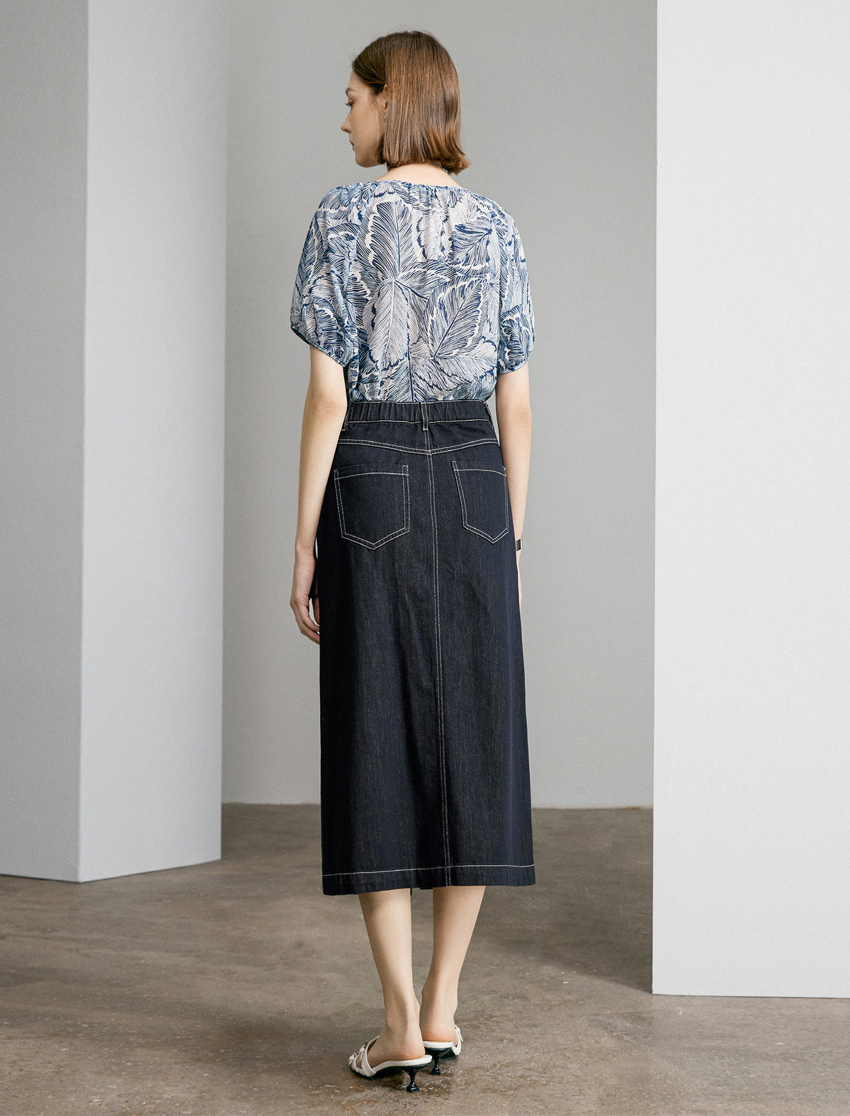 Denim Front Slit Midi Skirt