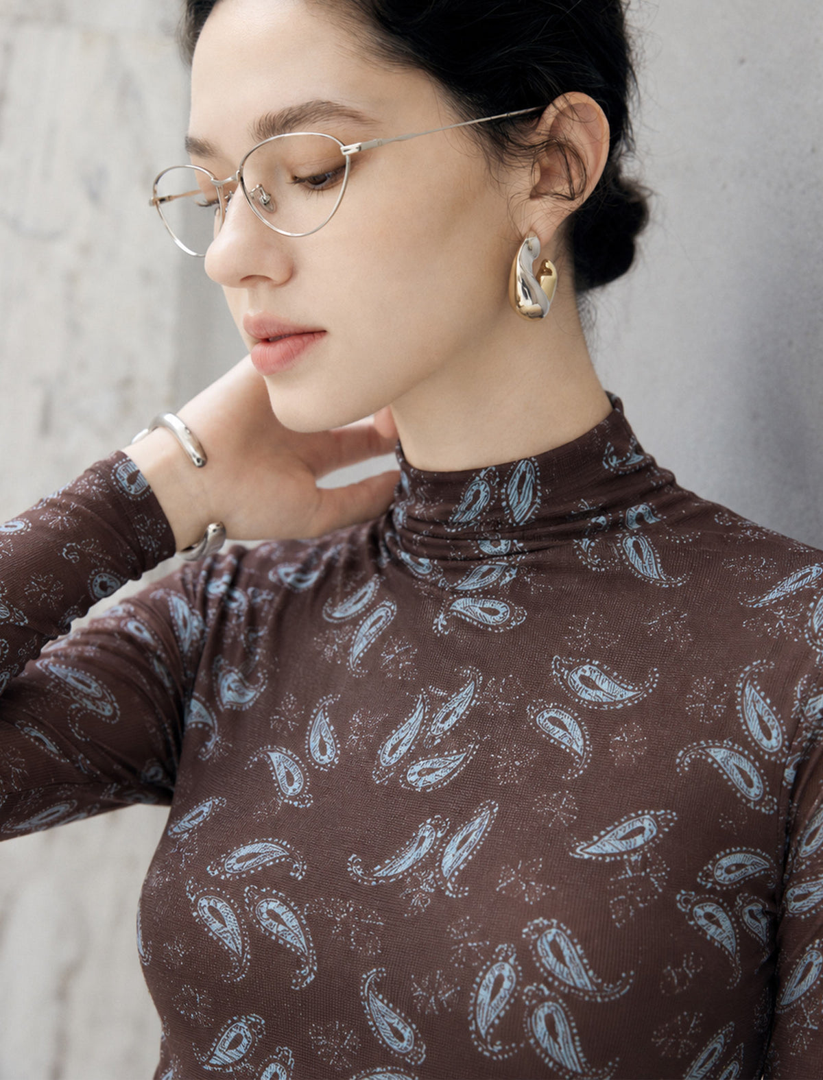 Paisley Print High Neck Long Sleeve Top