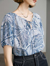 Leaf Print Tie Neck Puff Sleeve Top
