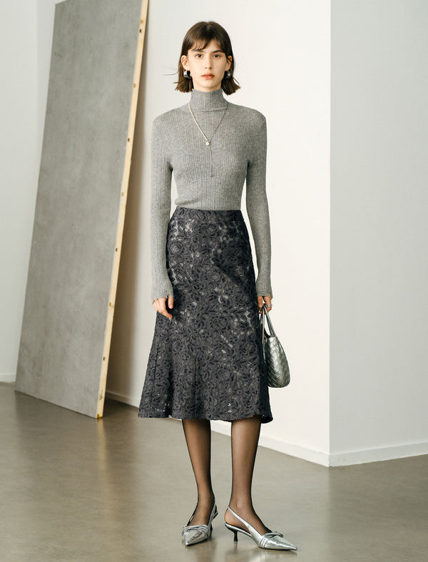 Floral Lace Flared Hem Midi Skirt