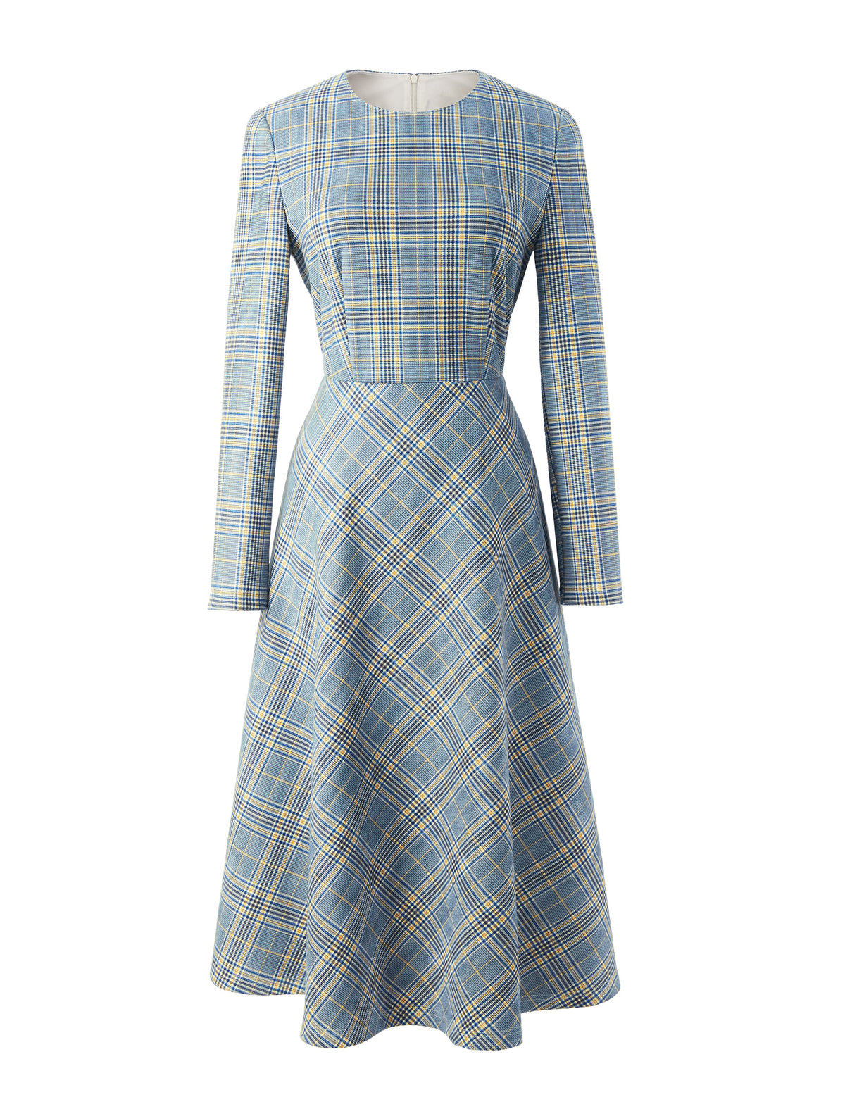 Blue Plaid Long Sleeve Midi Dress