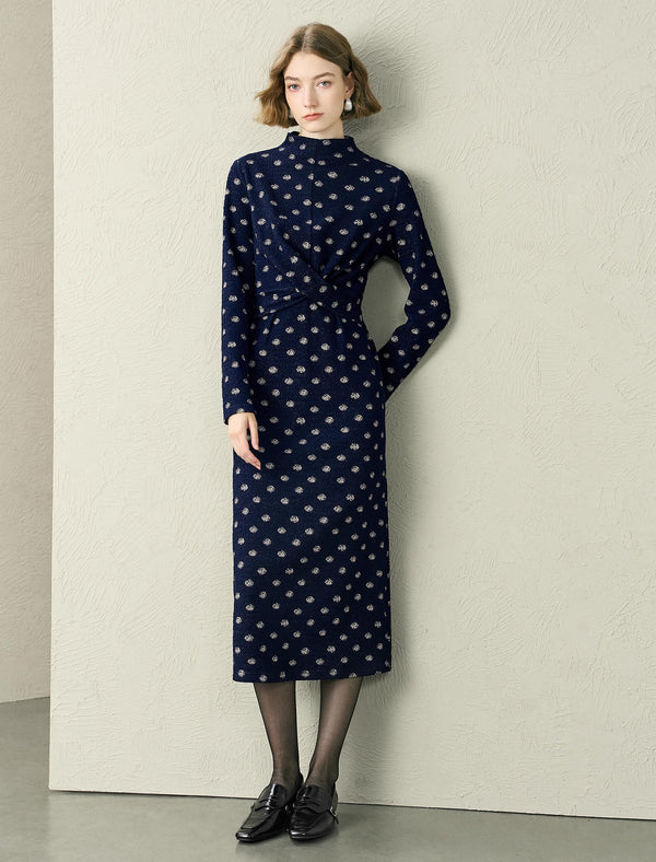 Textured Dot Print Mock Neck Twist-Front Midi Dress