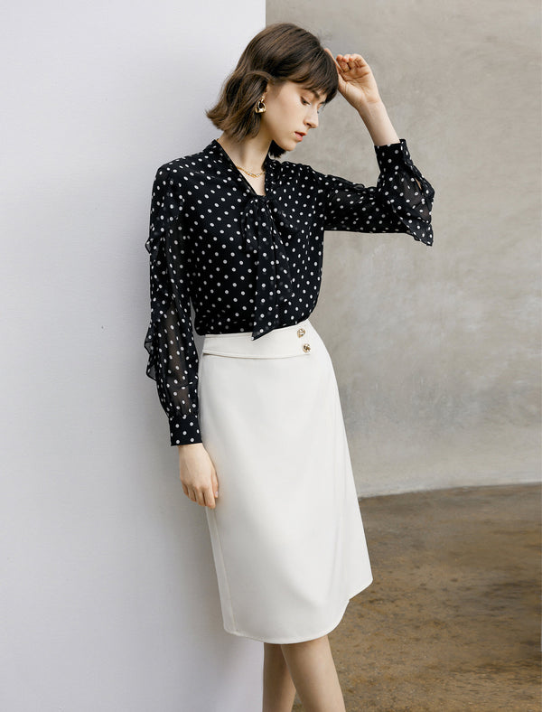 Polka Dots Bow Tie Ruffle Sleeve Blouse