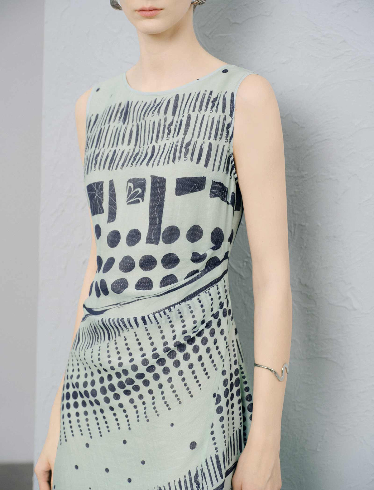 Light Green Geometric Print Tencel Lyocell Sleeveless Midi Dress