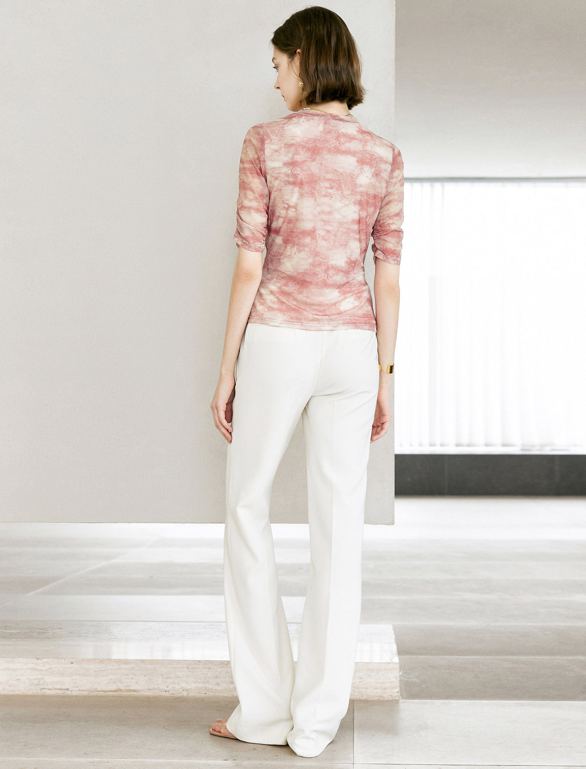 Tie Dye V-Neck Wrap Elbow Sleeve Top