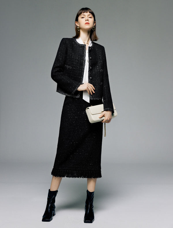 Black Slim Fit Wool Midi Pencil Skirt