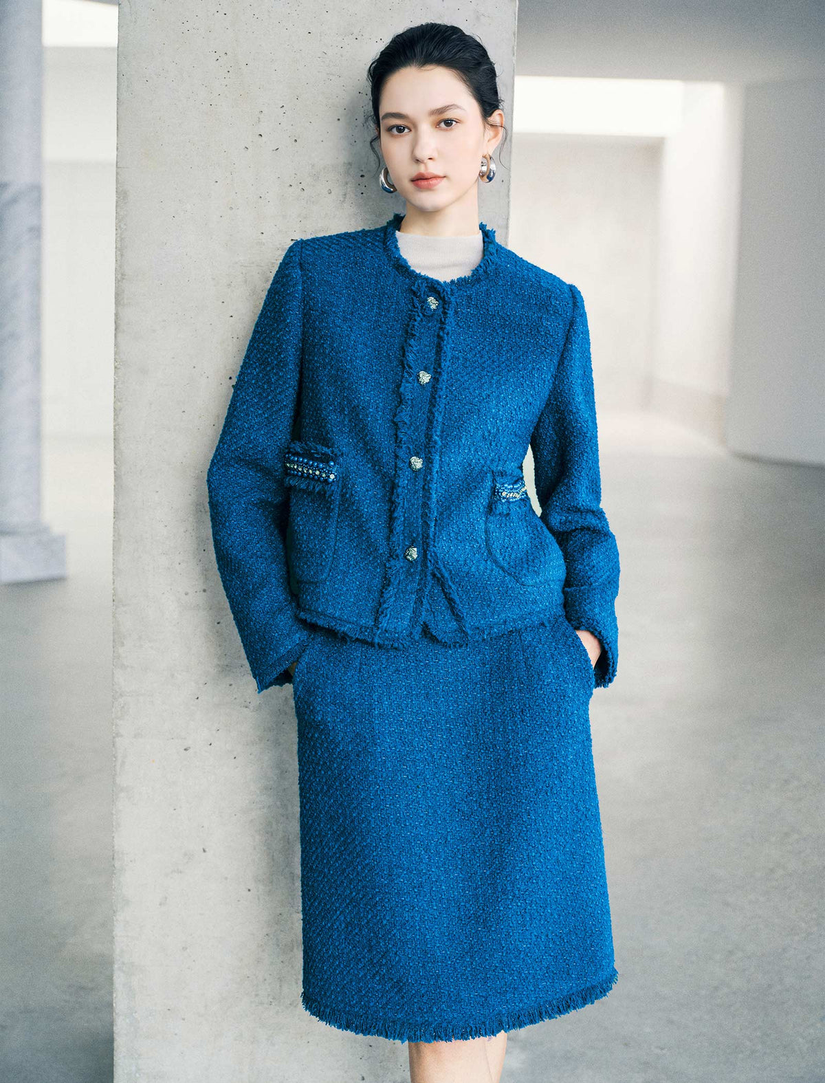 Cobalt blue wool blend straight cut midi skirt