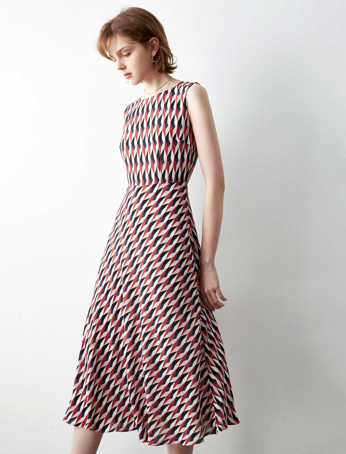 100% Silk Geometric Print Sleeveless Midi Dress
