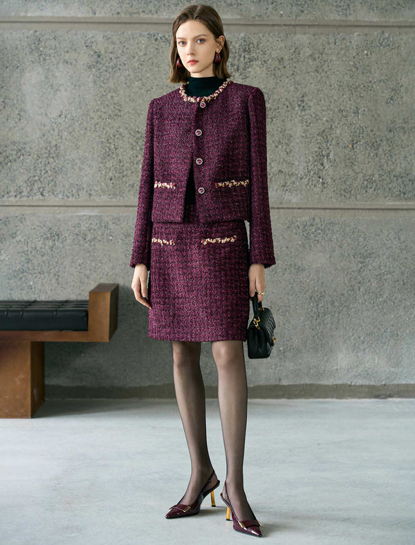 Burgundy Tweed Embellished Detail Jacket