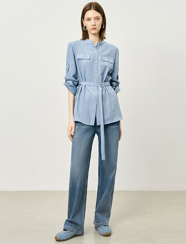 Tencel Blend Textured Belted Shirt