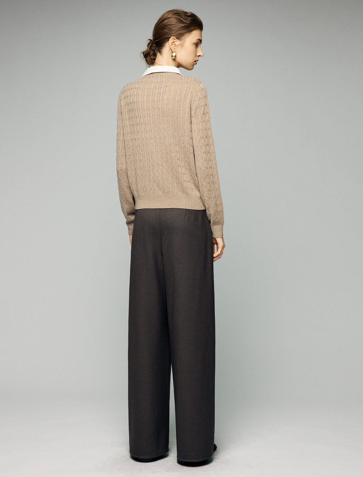 Wool Blend Cable-Knit V-Neck Button-Front Cardigan