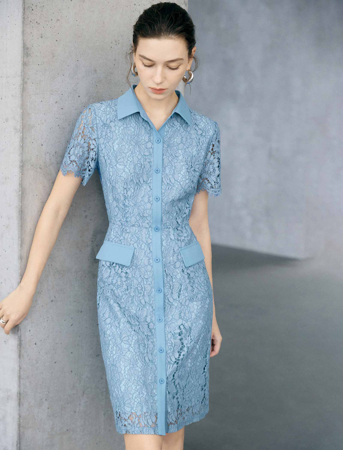 Light Blue Floral Lace Collared Short Sleeve Shirt Midi Dress