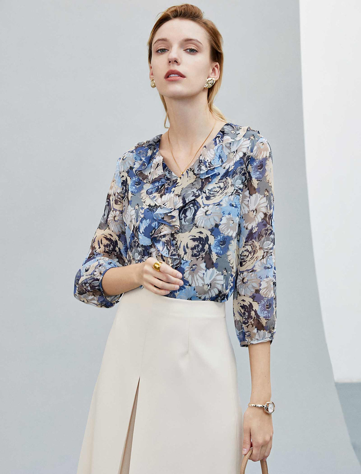 Floral Ruffled 3/4 Sleeve Blouse