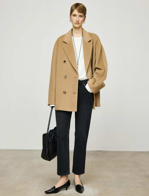 Wool-Cashmere Blend Double-Breasted Short Coat