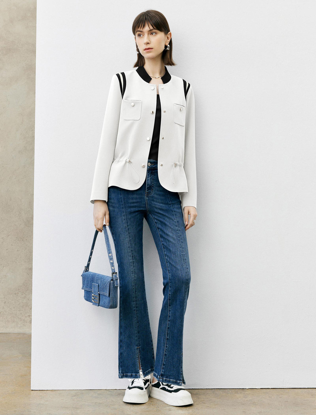 Contrast Collar Buttoned Jacket with Drawstring Waist