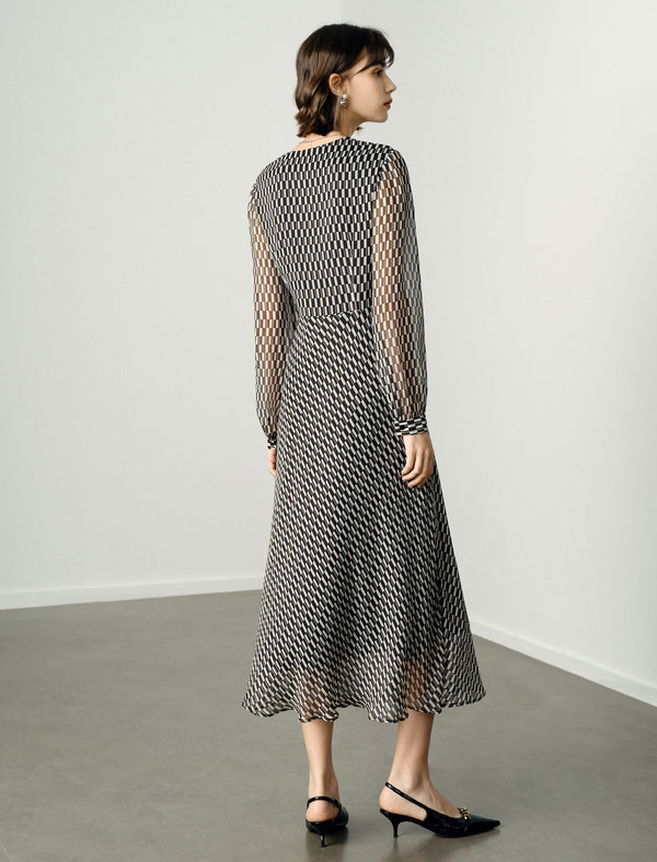 Checkered Wrap V-Neck Midi Dress