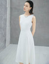 White Boat Neck Sleeveless Lace Slit Waist-Fitted Midi Dress