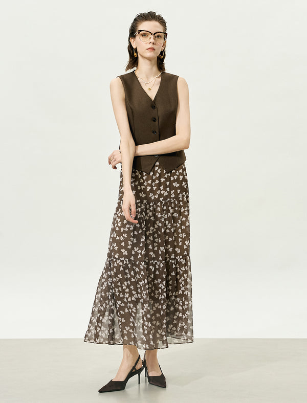 Brown Floral Multi-Layered Midi Skirt